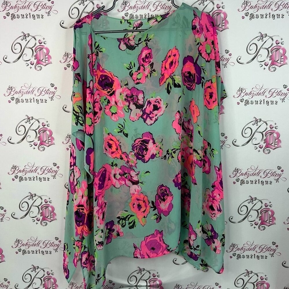 Coverup dress one size fits all neon roses Floral Chiffon dress- Pink and Green